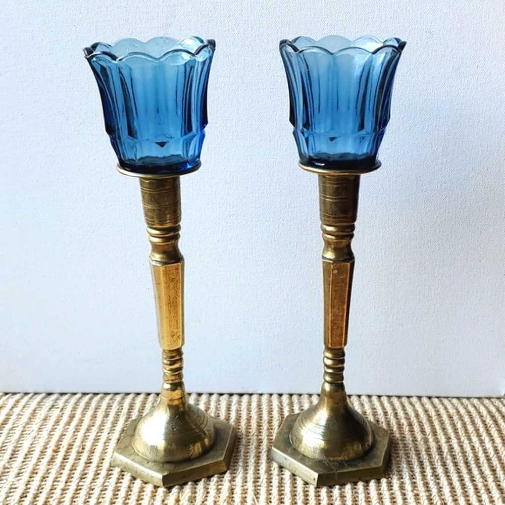 Vintage Brass Mid Century Candleholders Hexagonal Base Etched Floral 9